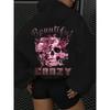 Women's Autumn and Winter Casual Hoodie with Skull and Floral Print Hooded Drawstring Round Neck Long Sleeved Warm Pullover