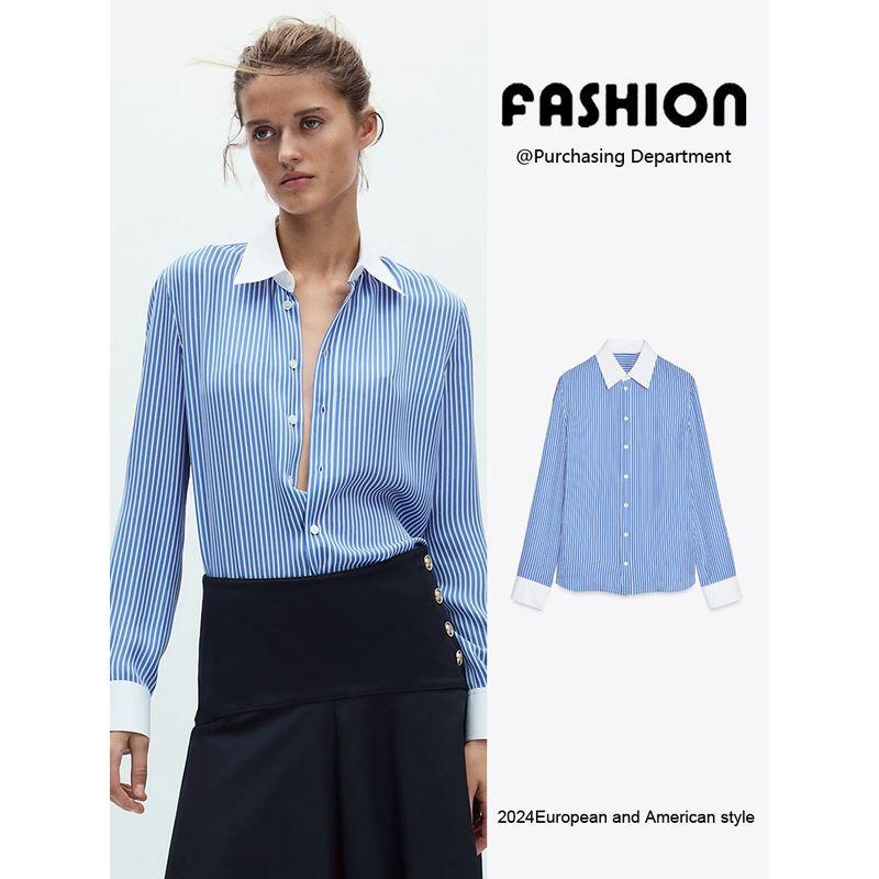 Za2025 Spring New Women Clothes Casual All-matching Color Matching Stripe Lapel Long Sleeve Shirts 2586039 044