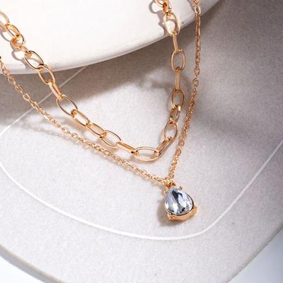 Colar Gota em Zircônia Cúbica, Colar de Corrente Dupla Camada, Gargantilha Elegante de Corrente com Pingente Gota d'Água, Presente de Joia para Mulheres Esposa Dela