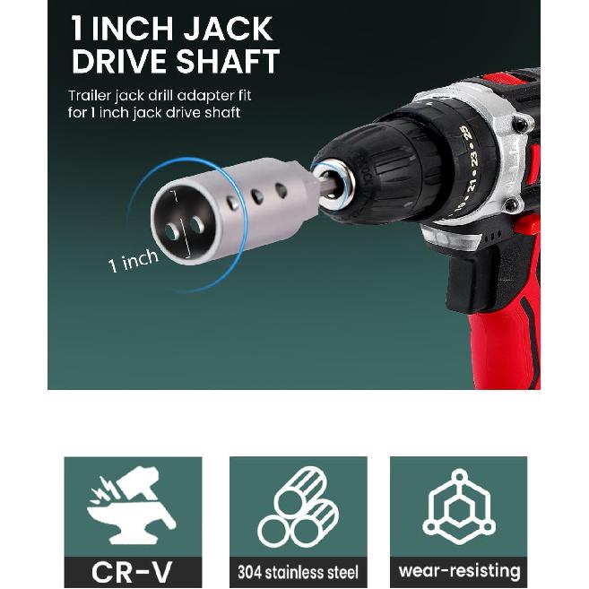 Heavy Duty Trailer Jack Drill Adapter with Cordless Drill, 1/2 to 1 Stainless Steel Socket Adapter Fits Any 1" Drive On Trailer Jack