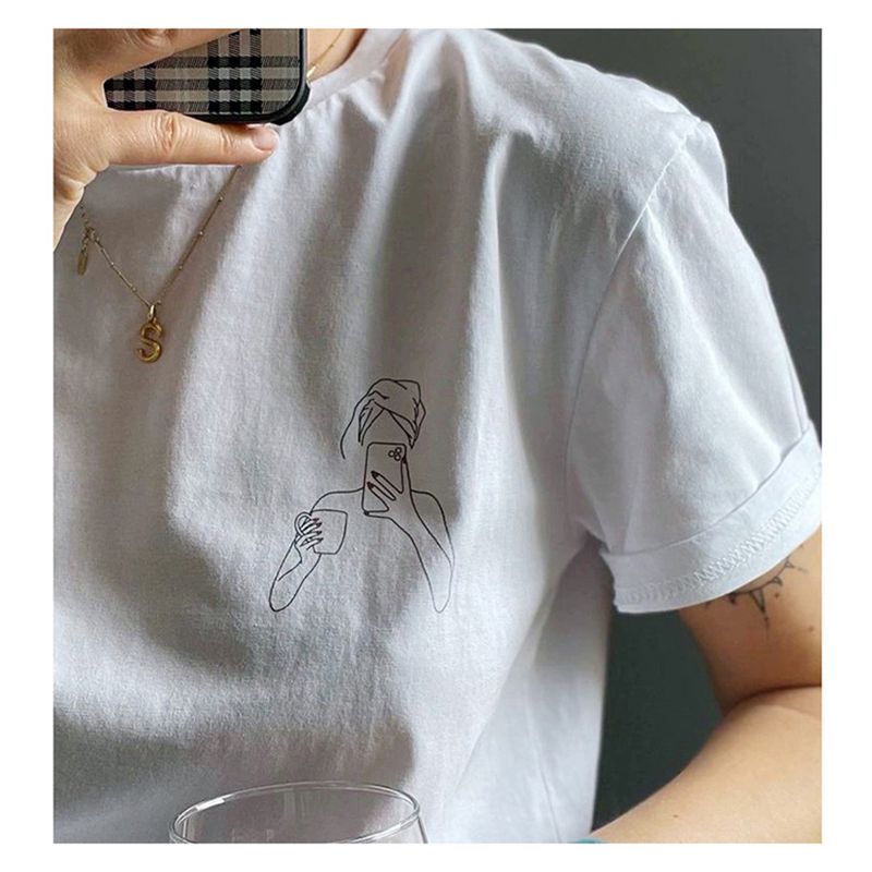 INS Selfie Abstract Pattern Line Print Special-Interest Artistic Retro Style Pure Cotton Short Sleeve T-shirt for Women