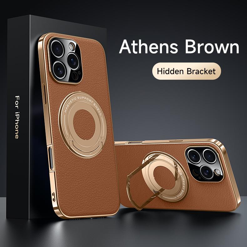 

Экологичный магнитный чехол из веганской кожи для iPhone 16 Pro Max 15 14 13 с невидимой подставкой и скрытым держателем, стильный деловой iPhone 14 темно-коричневого