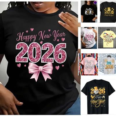 Camiseta de Año Nuevo 2026 Moda para Hombres y Mujeres Camiseta con Estampado Feliz Año Nuevo 2026 Camisetas Casuales de Cuello Redondo y Manga Corta Top