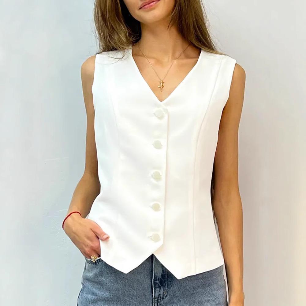 Women White V Neck Button Front Slim Fit Waistcoat Vest S