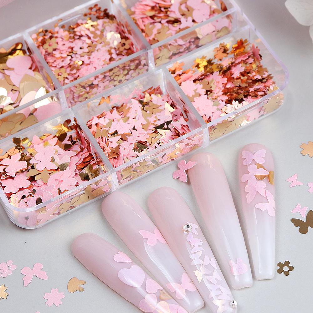 6 Gitter gemischte Formen Nail Art Pailletten dekorative rosa Blume Schmetterling Liebe Flocken Sommer Maniküre Design Zubehör
