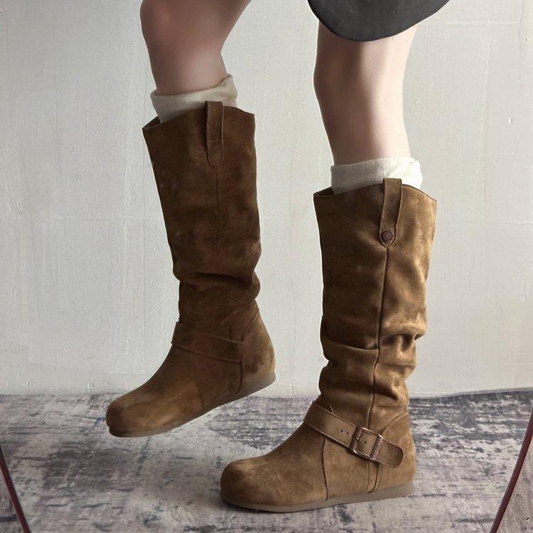 Retro Style Pleated Piled Boots Women's 2025 New Models But Knee Fashionable Versatile V-mouth Thin Inner Height-increasing Boots