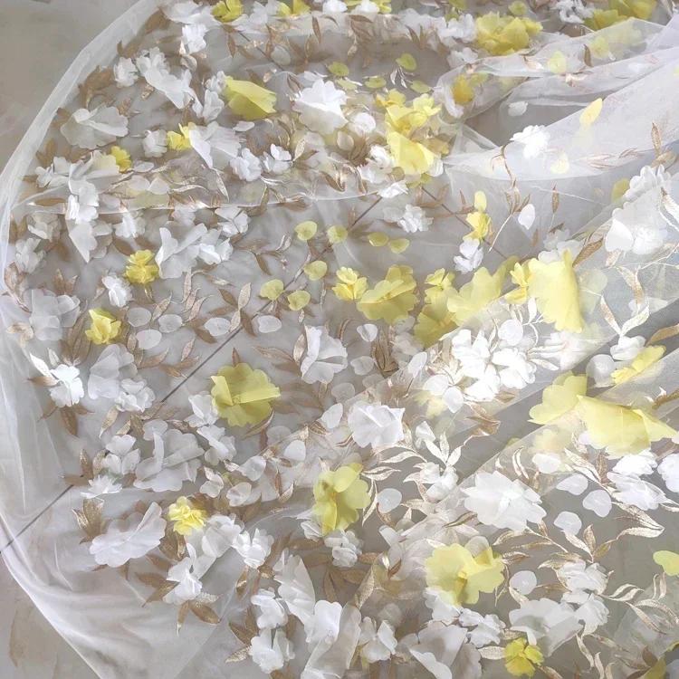 Iluzoryczna Kolorowa Siatkowa Tkanina Szyfonowa Haft z Trójwymiarowymi Kwiatami Koronka Oryginalna Tkanina Suknia Ślubna Dół Spódnicy