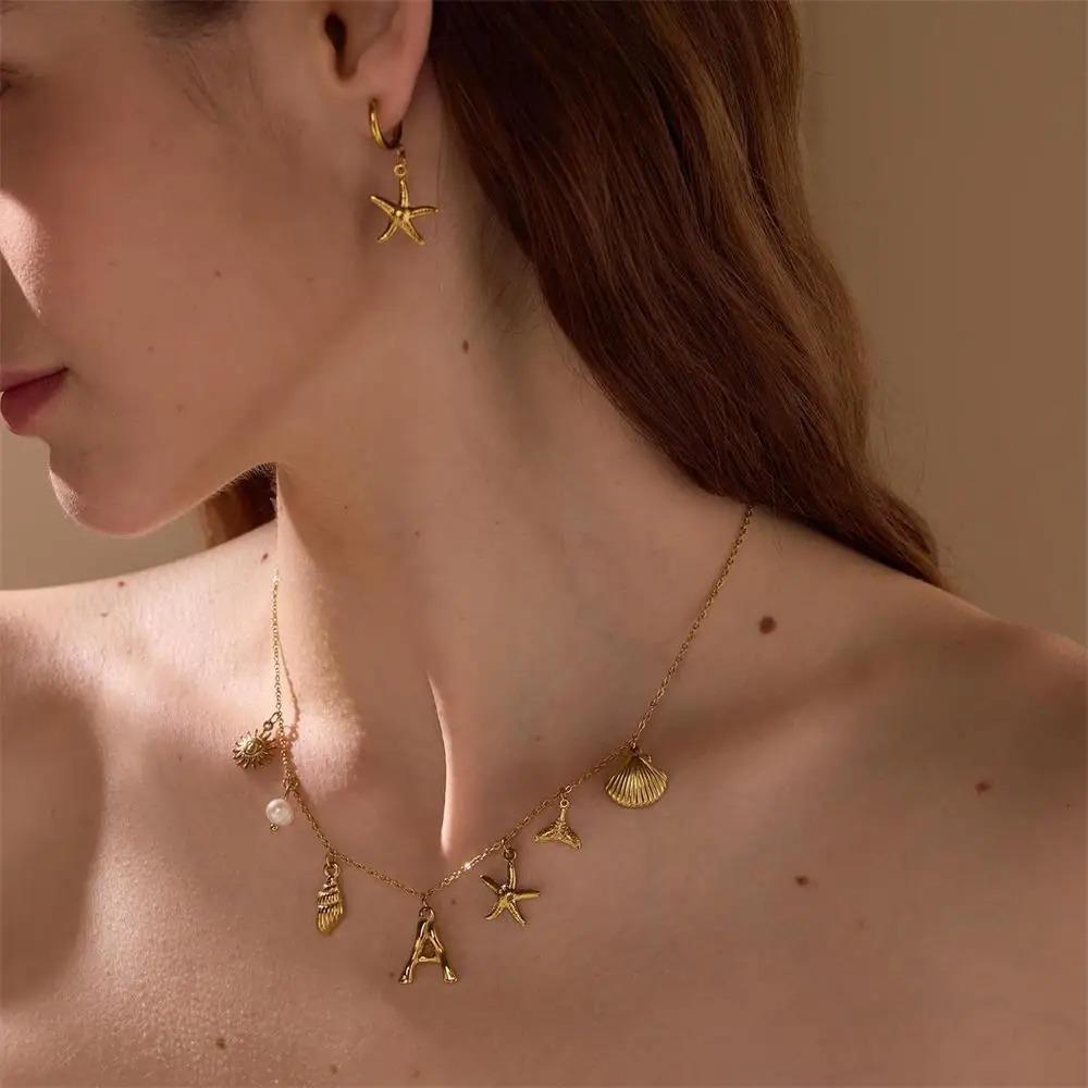 Starfish Shell Necklace Copper Pearl Choker Personality Letter Pendant Necklace  Daily Life
