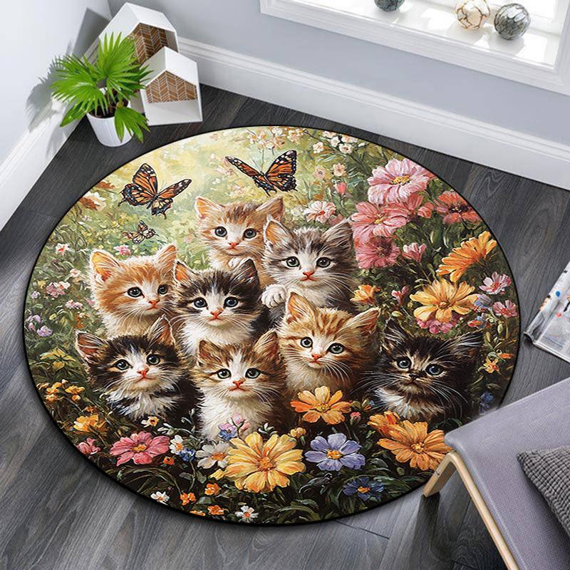 Kittens in Flowers Round Area Rug,Carpet Rug for Living Room Bedroom Sofa Playroom Decor,Non-slip Floor Mat