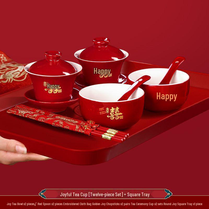 Ensemble de tasses à thé de mariage Double Bonheur: Service à thé rouge avec bol, baguettes et une paire de tasses - Parfait pour les cadeaux de mariage et la dot.