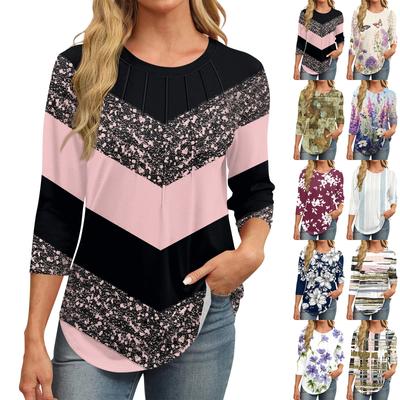 Women's Fashionable Round Neck Seven Quarter Sleeve Retro Printed Casual Basic Pleated T-shirt Top