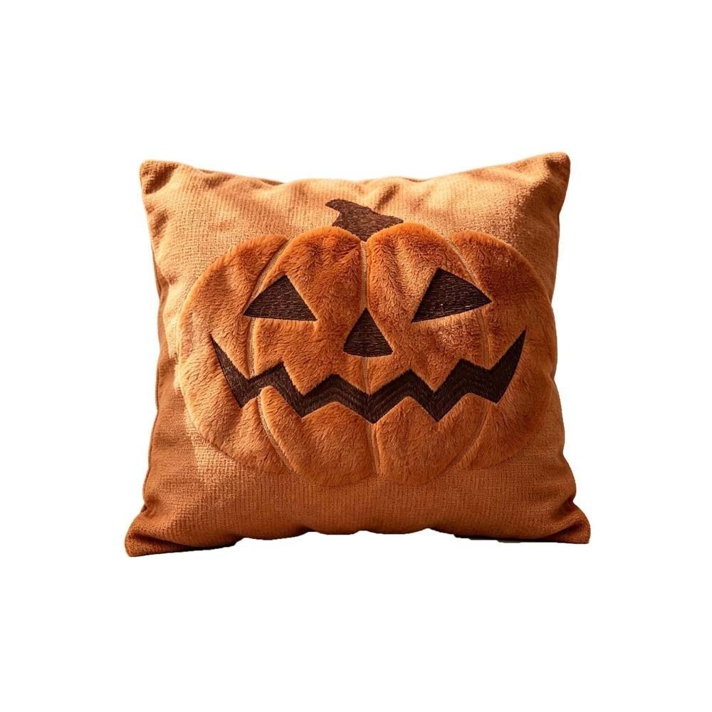 Soft Plush Pumpkin Pillow Case Cute Embroidery Square Shape Halloween Cushion Cover Warm Texture Solid Color
