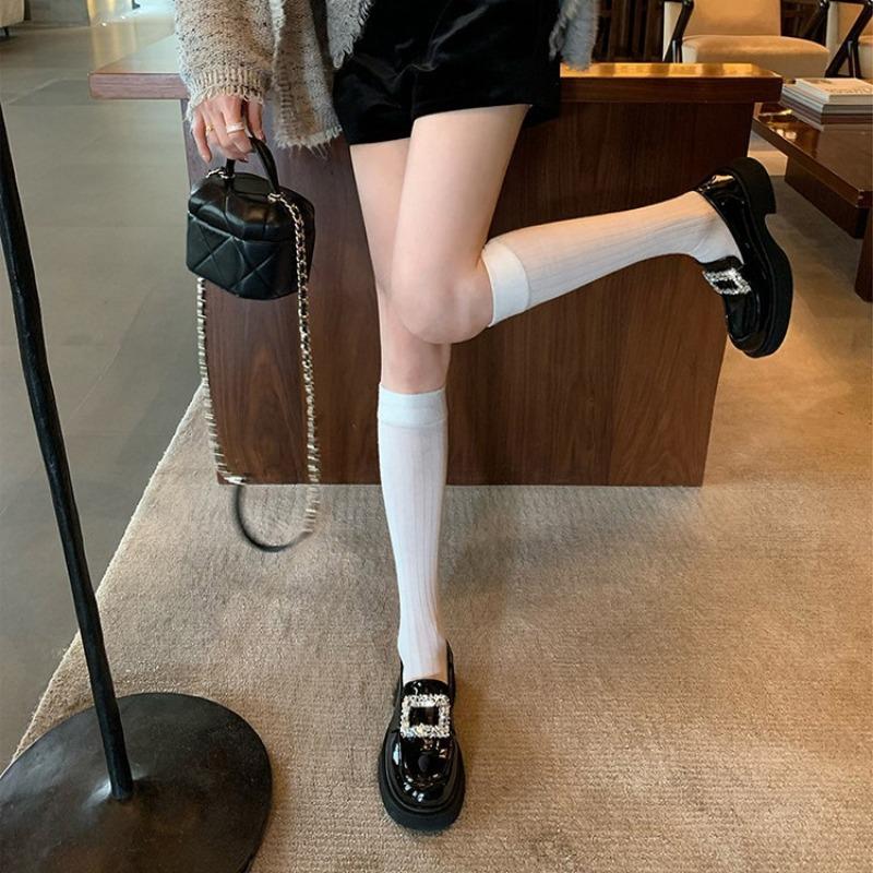 Sheepskin rhinestone square buckle women's platform leather British small leather shoes lazy one pedal thick heel commuting shoes