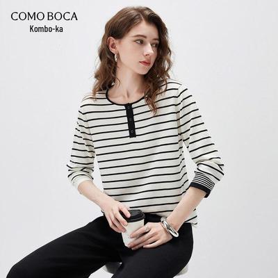 Komnboka Women's Lyocell Tencel Striped Long-Sleeve Knit T-Shirt