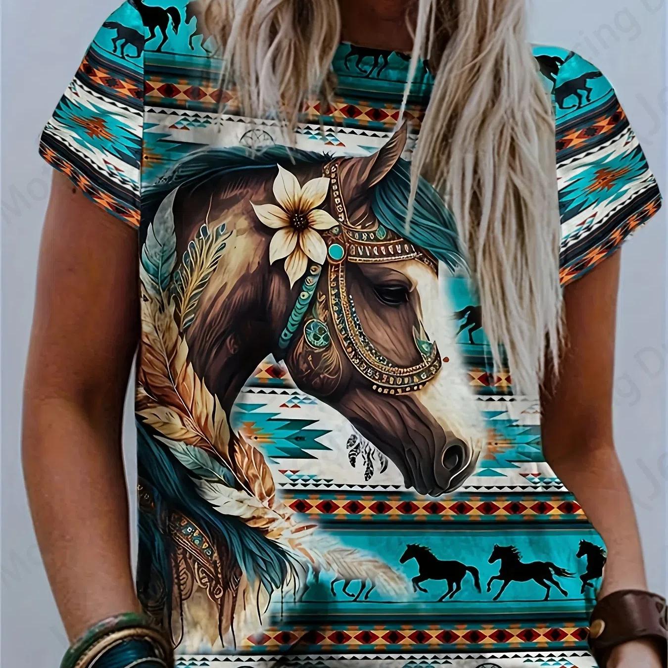 

Женская футболка с 3d принтом лошади, женская модная футболка с круглым вырезом и коротким рукавом, футболка с рисунком животных, женские топы, футболки Y2k M