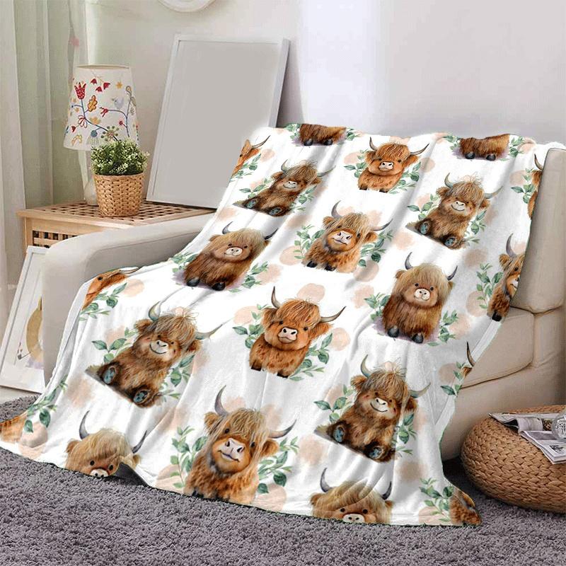 1pc Highland Cow Printing Lightweight Flannel Blanket, Comfortable and Warm Blanket, for Camping Sofa Bed and Couch Office, in All Seasons