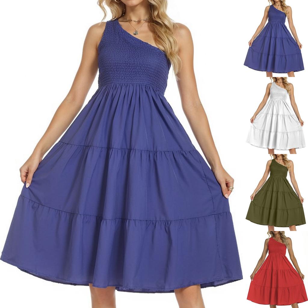 Summer Dresses For Women One Shoulder Sleeveless Smocked Sundress Fashion Flowy A Line Beach Boho Midi Dress