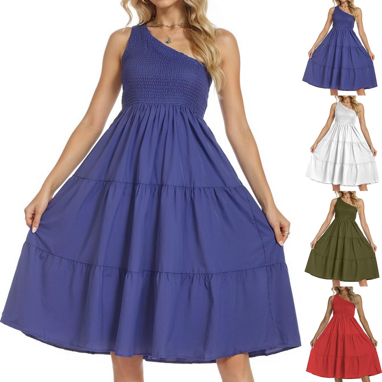 

Summer Dresses For Women One Shoulder Sleeveless Smocked Sundress Fashion Flowy A Line Beach Boho Midi Dress XL синій