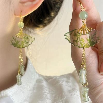 925 Silver Needle New Chinese Style Transparent Folding Fan Green Bamboo Pattern Earrings Niche Ancient Style Hanfu Bamboo Joint Earrings Women