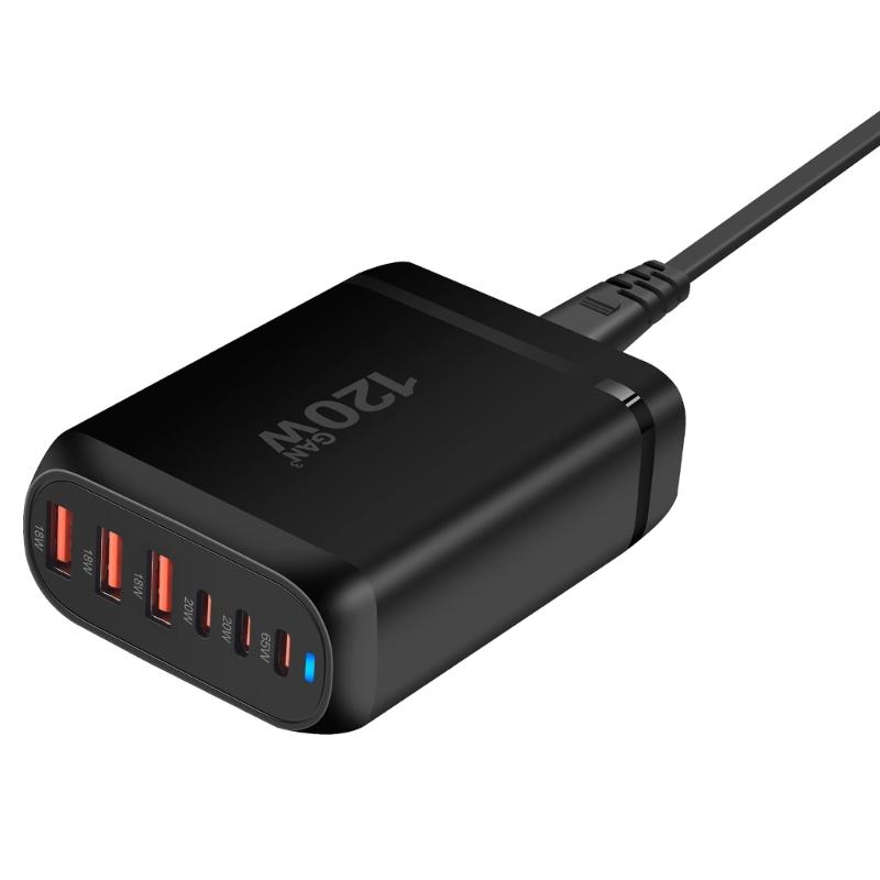Multiple Port 3xUSB+3xType C Charging Station with 120W Output for Public Space and Travel Use