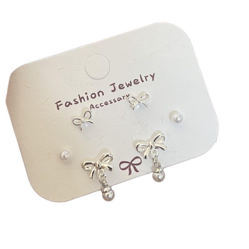 3 Pairs Silver Bow Pearl Stud Earrings Set Stud Earring Perfect For Daily Wear Dates Parties Women Jewelry Accessories