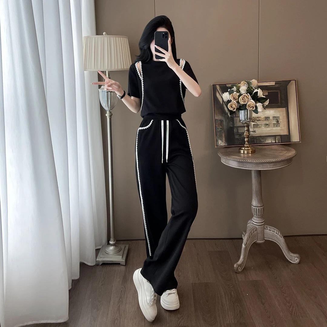 

2025 Slim European Short-Sleeve Two Piece Set - Модная летняя спортивная одежда для женщин, замедляющая старение M чёрный