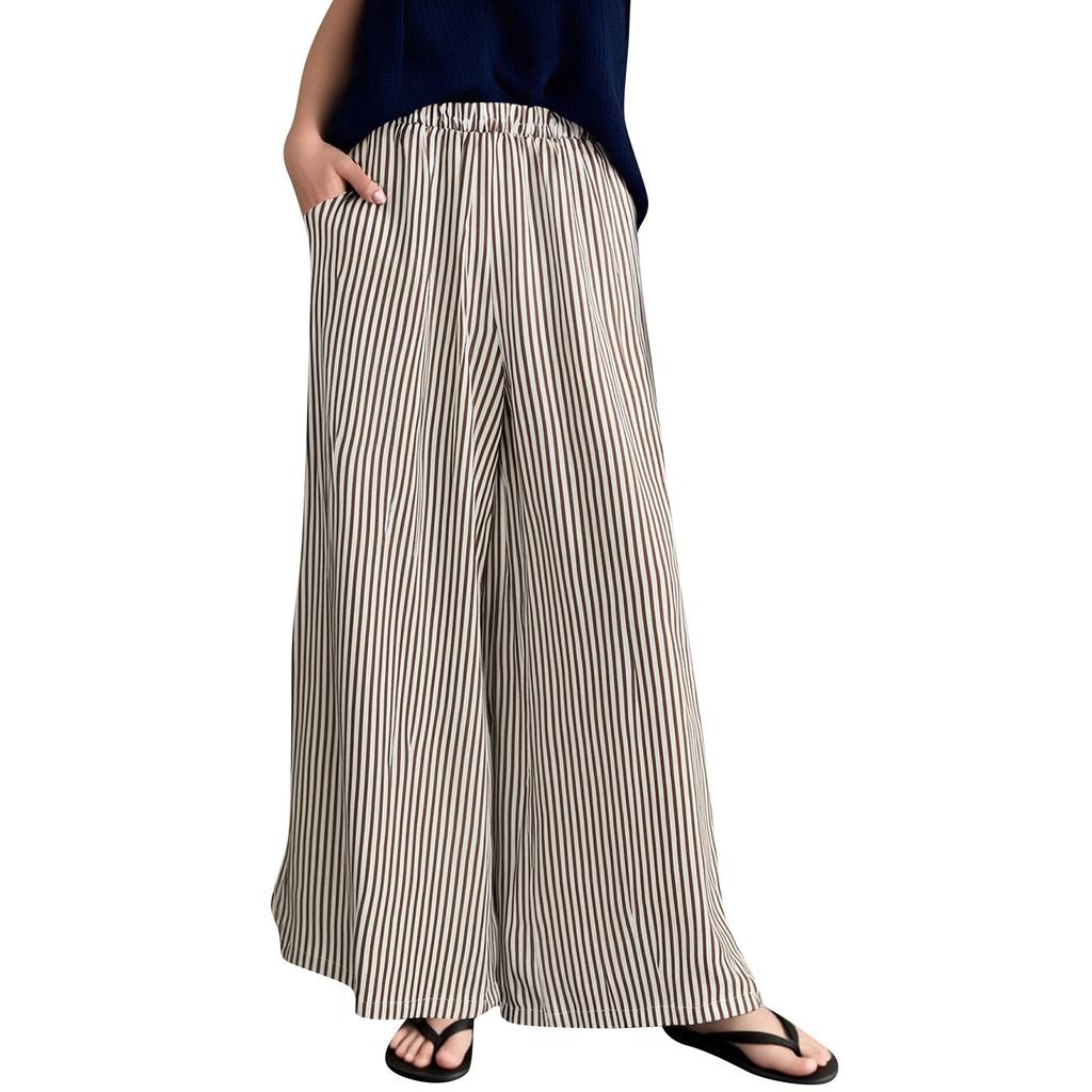 Women's Plus Size Striped Wide Leg Palazzo Pants Elastic High Waisted Baggy Loose Long Trousers