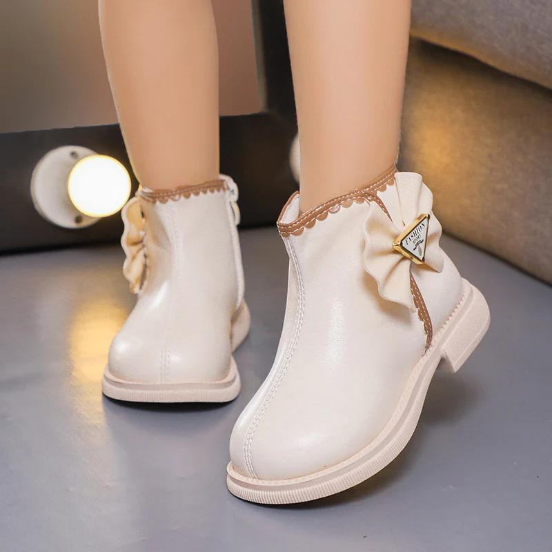 Kids Casual Boots for Girls Bow Lace Solid Color Sewing Cute 2024 Spring Autumn New Children Fashion Short Boots Princess Shoes