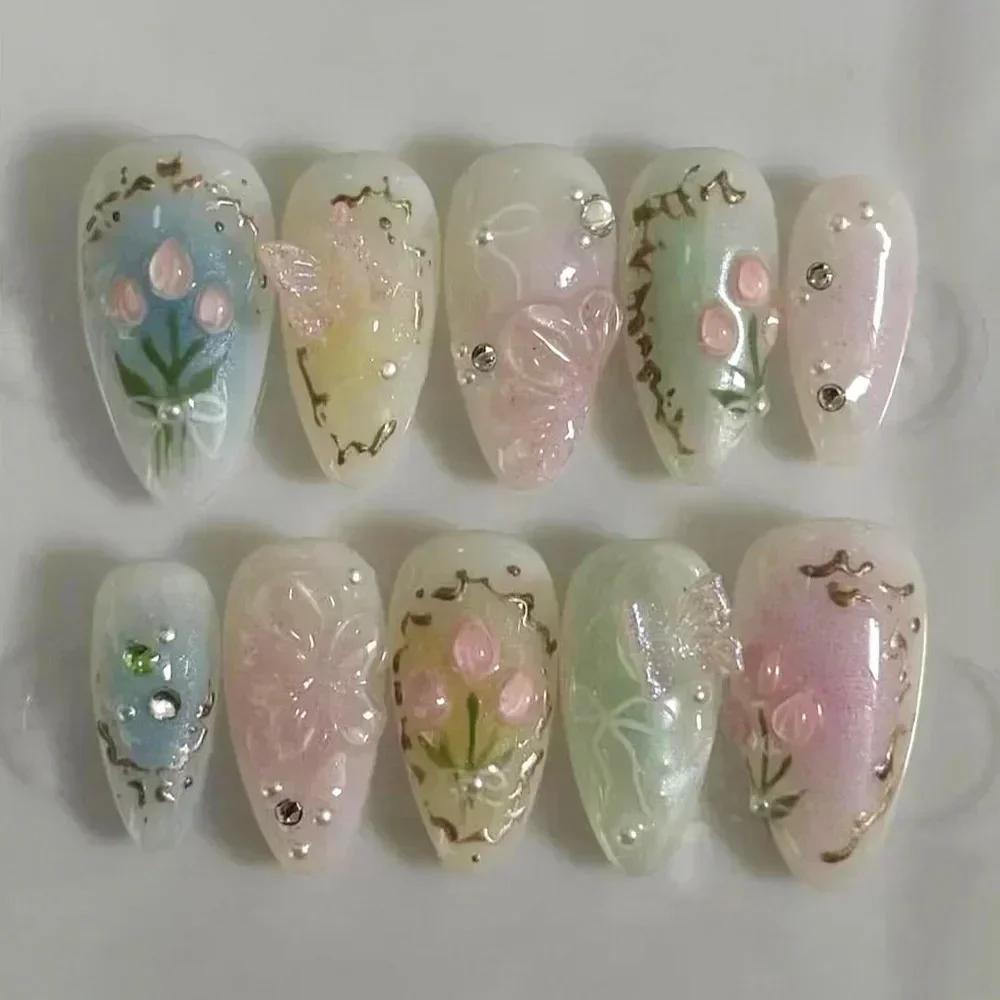 Short Almond Press on Nails 3D Flower Butterfly Fake Nails with Glue Colorful Natural Acrylic False Nails Full Cover Nails