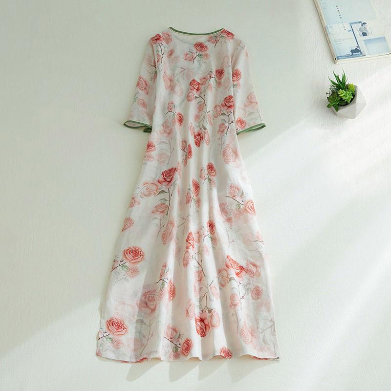 New women's Chinese style buckle cheongsam dress printed cotton dress in summer