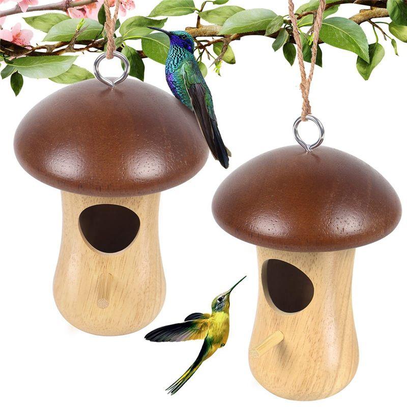 A84X-2Pcs Mushroom Shape Yard Outdoor Decoration Sparrow Cage Swallow Bird House Tree Hanging Feeder Bird Nests Wooden