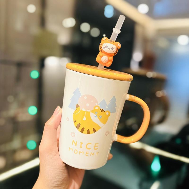 

Cute Little Tiger Ceramic Mug Straw with Lid Handle Cup Girly Heart Drinking Cup Coffee Cup Milk Tea Cup t 460ml