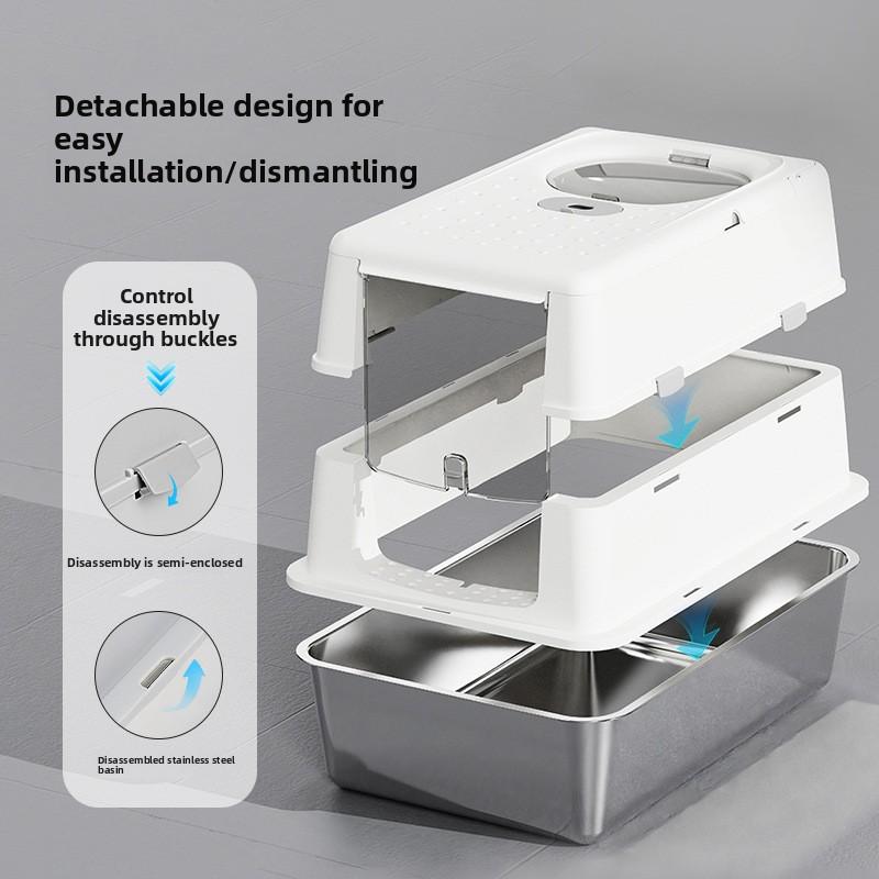 Stainless Steel Closed Cat Litter Box, Fully Closed Flip, Oversized, Heightened and Thickened Anti-splash Top-entry Cat Toilet