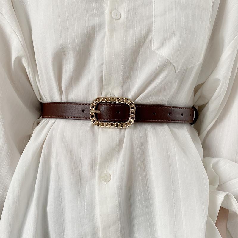 Chic Minimalist Ladies Pu Chain Rectangle Buckle Vintage Waist Belt For Dresses