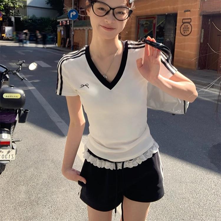 Harajuku Short Sleeve Fashion Pullover Y2k Tops Women's Cotton T Shirt Summer V-Neck Slim Casual T-Shirts for Women