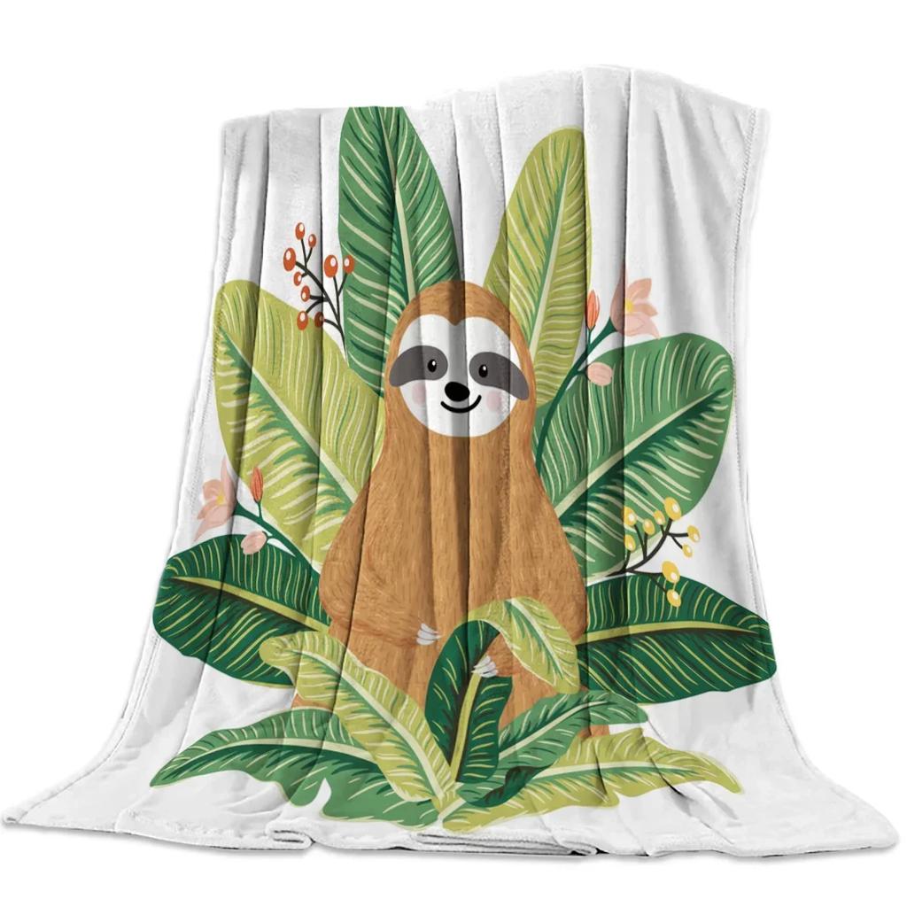 Blanket Sloth Leaves Cute Animal Cartoon Tropical Forest Hawaiian Forests Flannel Blanket Soft Throw Sofa Bed Travel Blankets