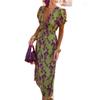 2026 New European and American Style V-neck Printed Bubble Sleeve Waist Long Dress Vacation Temperament Dress