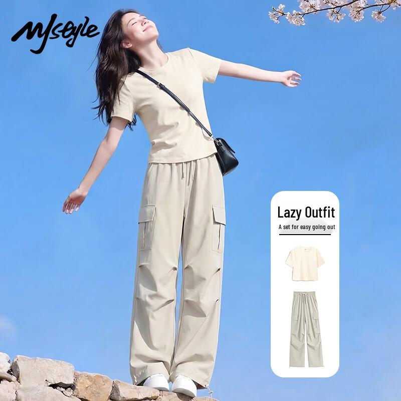 MJ STYLE Women s Cotton Short-Sleeve Top & Wide-Leg Pants Set XL