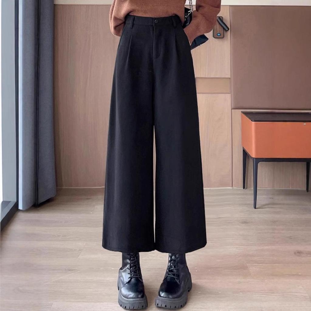 2024 Autumn/Winter Women's Black High-Waisted Woolen Wide-Leg Pants