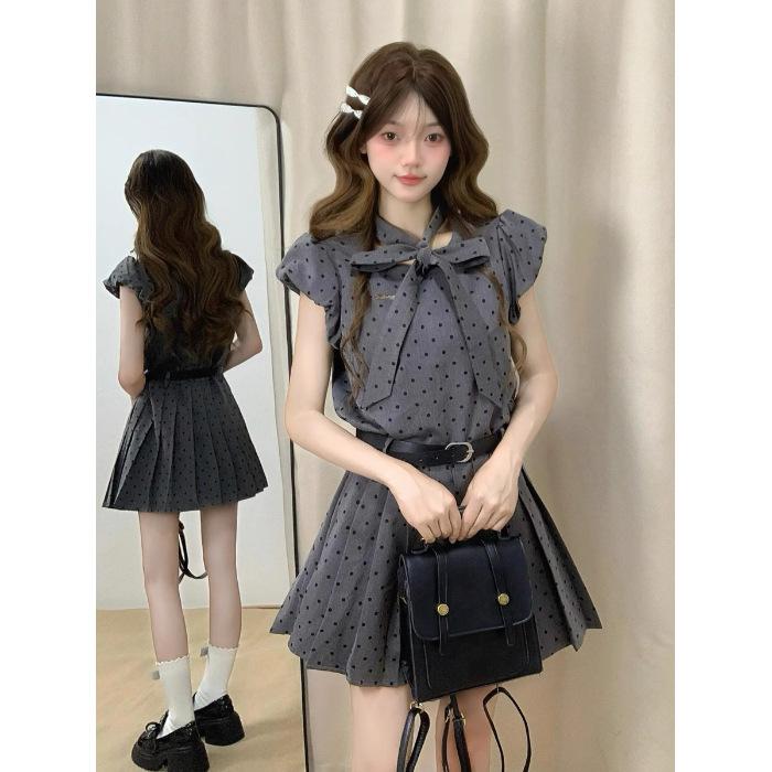 Rich daughter gray polka dot dress women s summer college style sweet bow waist pleated short skirt S