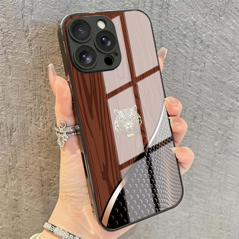 Tiger Head Wood Grain Tempered Glass Phone Case for iPhone 17 16 Pro Max 15 14 Plus 13 12 11 Pro 16E 17Air X XR XS 7 8 SE2 Cover