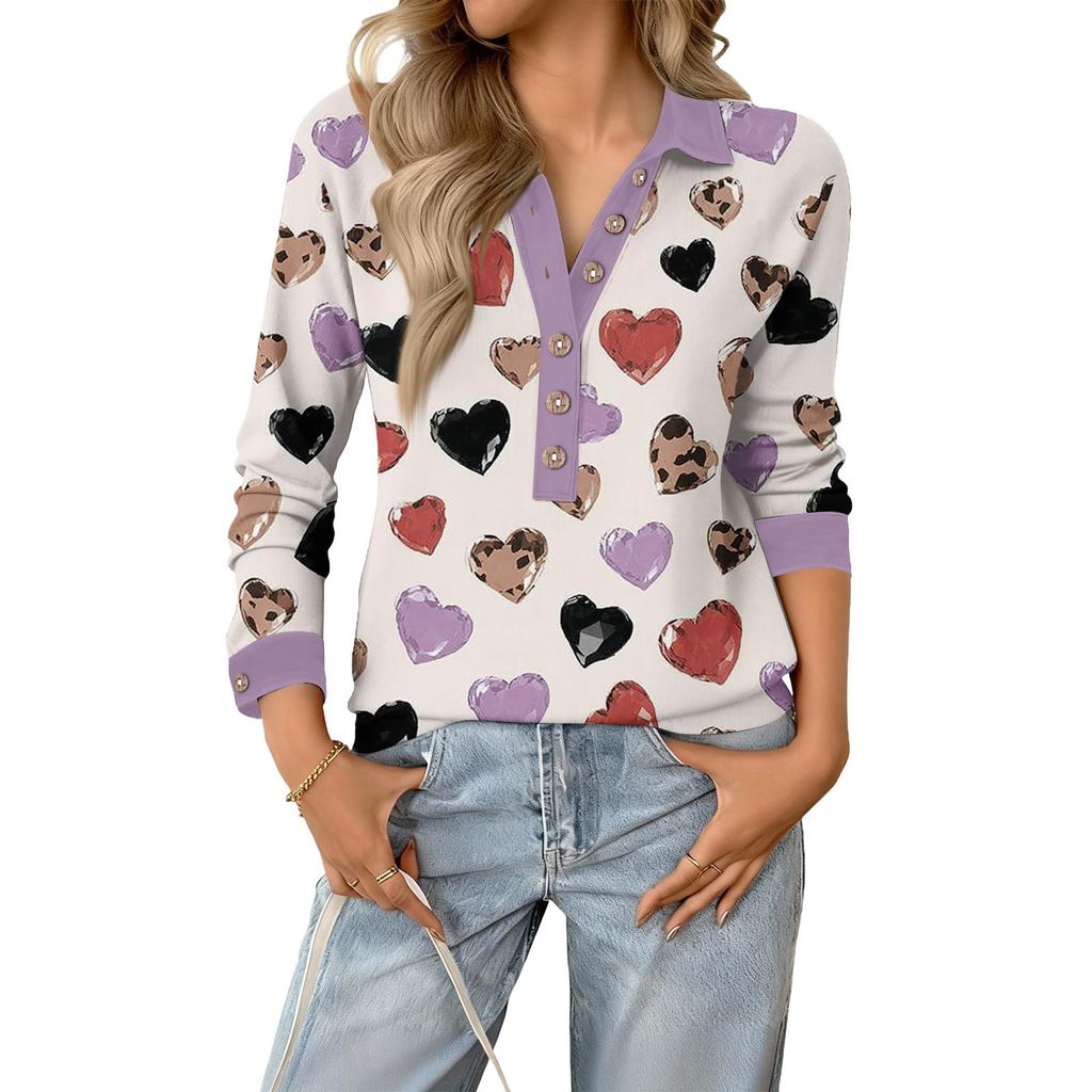 Damen Retro Street Lässiger V-Ausschnitt Langarm Knopf Valentinstag Herz Pullover Top