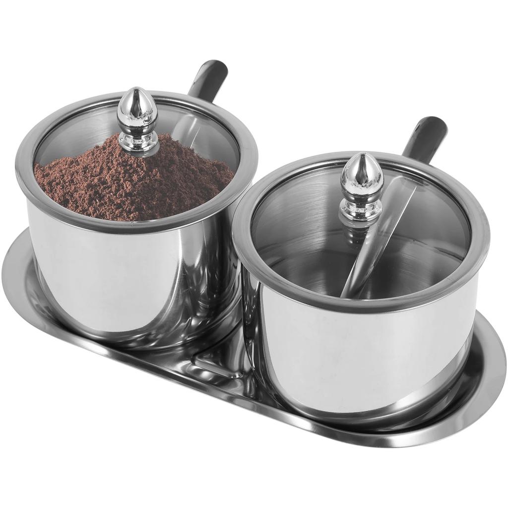 Stainless Steel Sugar Bowl Set with Glass Lid Spoon and Tray Rustproof Seasoning Box Round Condiment Pots Polished Shiny Sugar