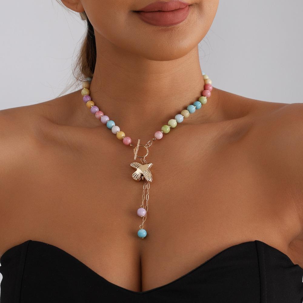 

Fashion Sweet Flying Pigeon Pendant Dopamine Colored Bead Tassels Beaded OT Clasp Necklace for Women Designer Zircon Accessory