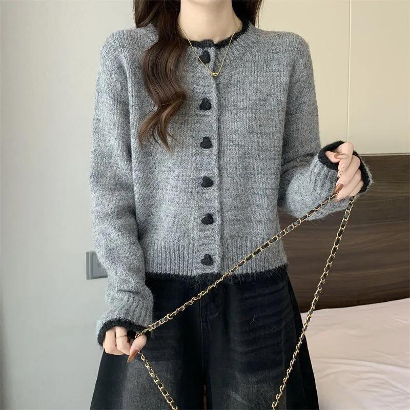 Women Sweater Coat Autumn Winter Design Color Block Heart Button Knit Cardigan Short Sleeve Top
