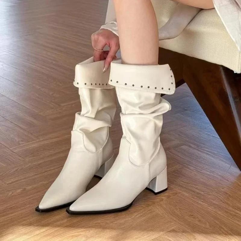 Fashion Autumn Winter Women Boots Point Toe High Heels Retro Ladies High-end Leather Chelsea Boots Platform Mid Calf Boots Female Botas