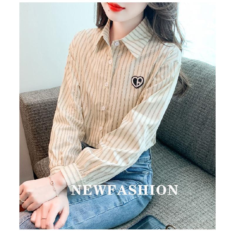 2026 New Women's Embroidered Cotton Shirt, Fashionable and Youthful Striped Long Sleeve Blouse