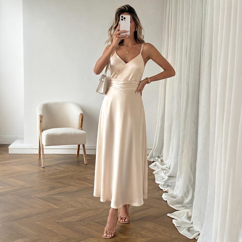 

Women s Fashion Summer Spring Solid Color Print Sleeveless V-Neck High Waist Casual Dresses S шампанского
