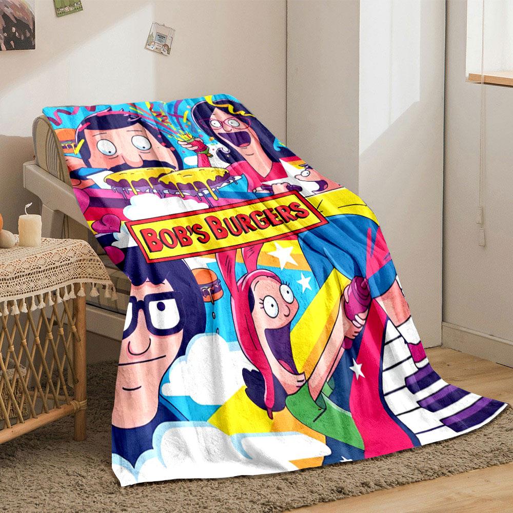 Colorful Cartoon Characters with Burgers, Confetti, and Quirky Expressions. for All Seasons Blanket Lunch Break Throw Gift