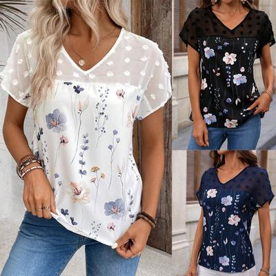 Fashion V-neck Printed Lace Patchwork Women's Summer Shirt Elegant Short Sleeve Loose Casual Blouses Women Slim Fit Vintage Office Lady Tops 26654